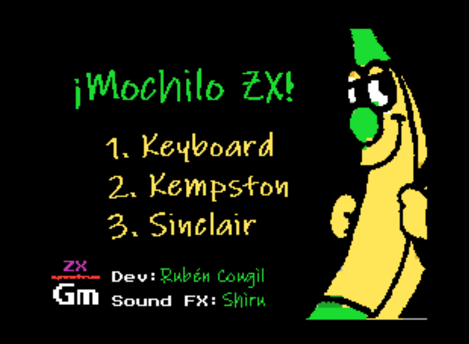 Pantalla de inicio de Mochilo ZX con las opciones de teclado y joystick.